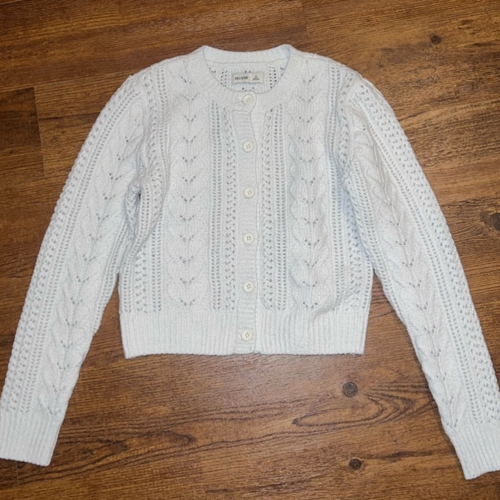 Hollister White Light Blue Cable Knit Crop Button Cottage Y2K Cardigan Size XS